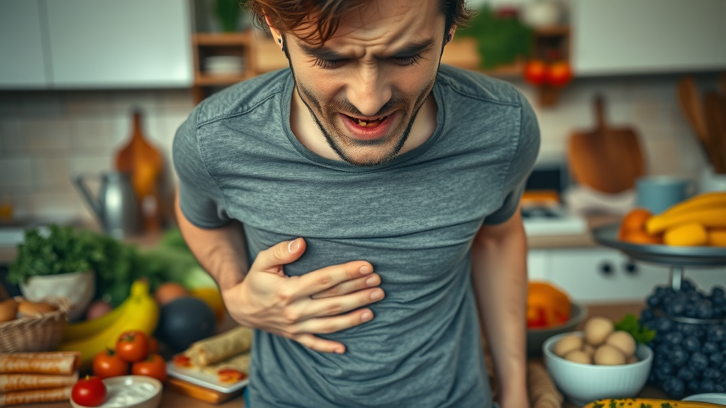 Diet confusion concept, upset person choosing between paleo and keto foods, kitchen chaos, diet choices, paleo vs ketogenic