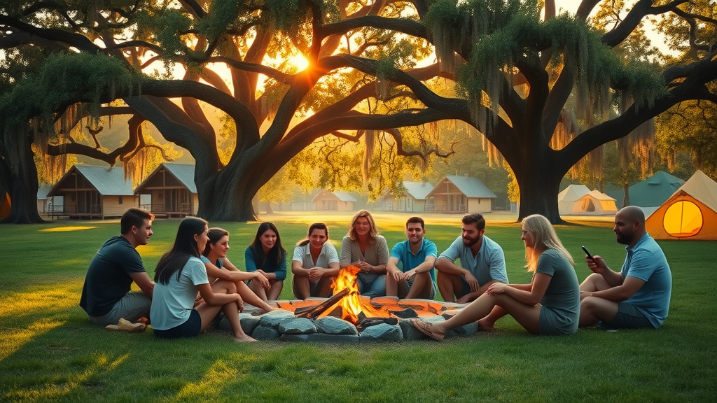 Diverse group around a sunlit campfire at Camp Impact under oak trees