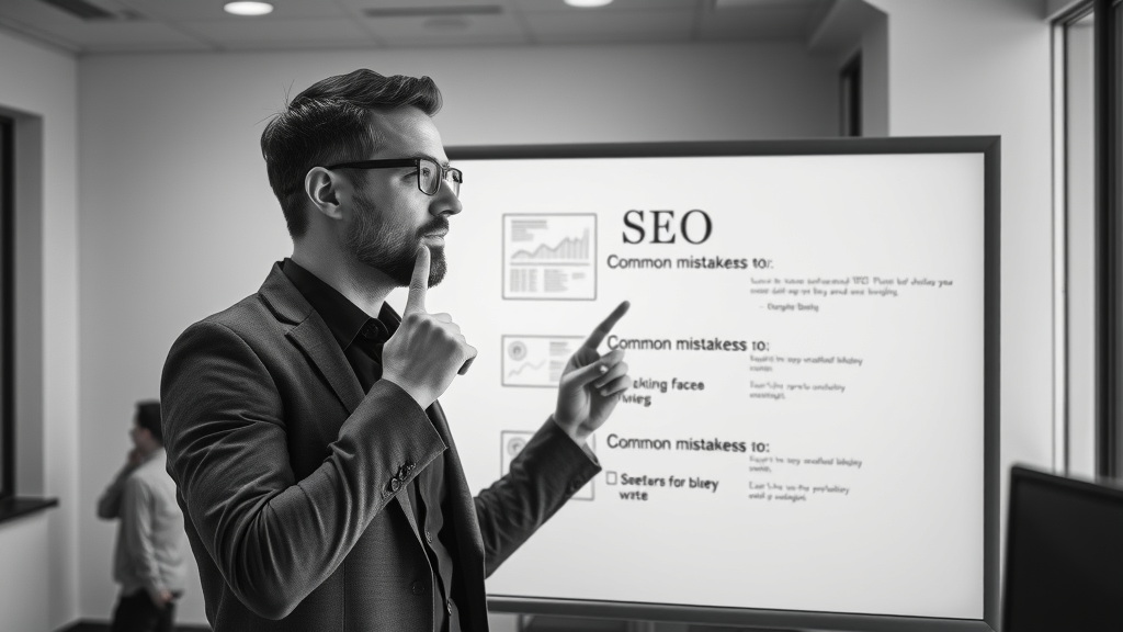 SEO strategist pointing out common SEO marketing errors on digital whiteboard