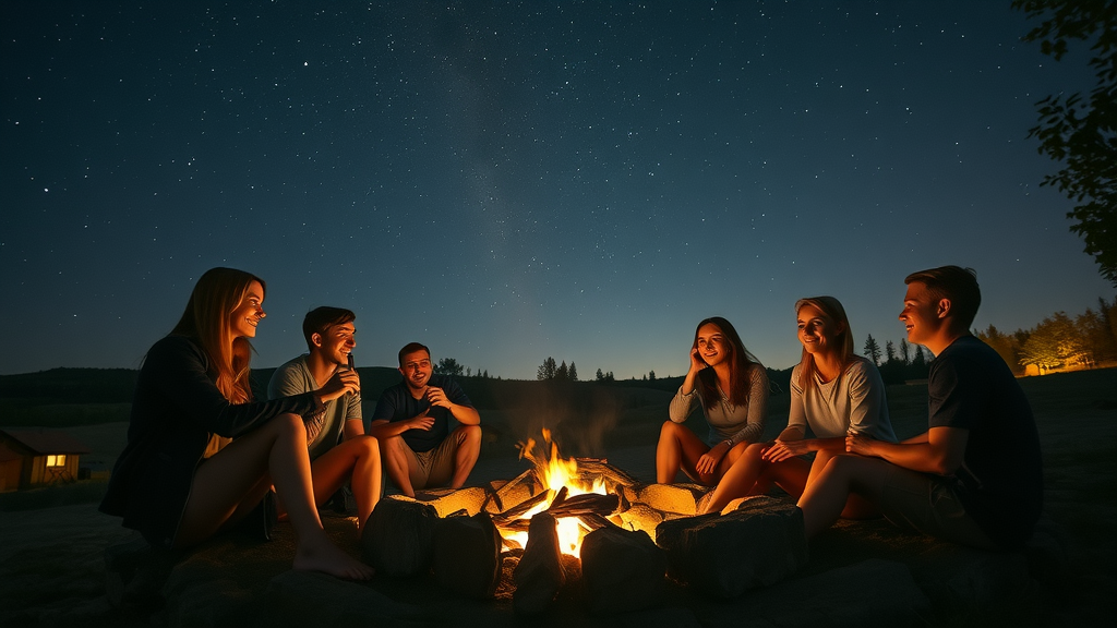 Young adults sharing stories by a fire under stars at Camp Impact