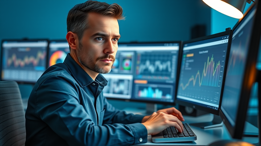 Seo marketing tips shown by digital marketer using keyword research tools on dual monitors