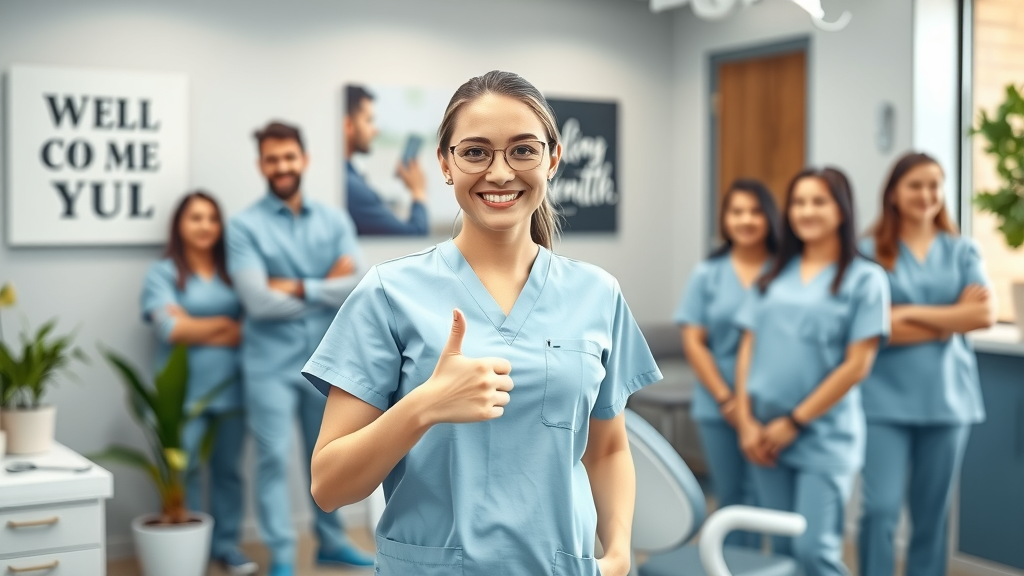 Smiling dentist giving OK sign in modern dental office for positive communication