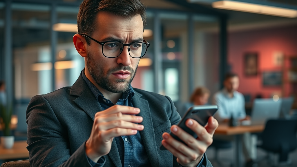 Seo marketing tips highlighted by confused business owner viewing poor SEO results on mobile device