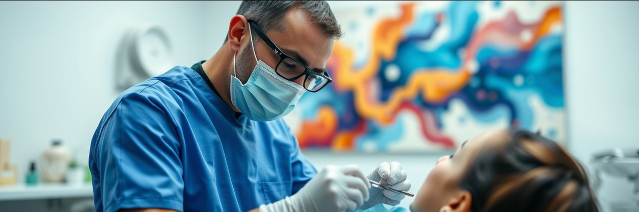 Gentle family dentistry care in a modern dental office, dentist in blue gown.