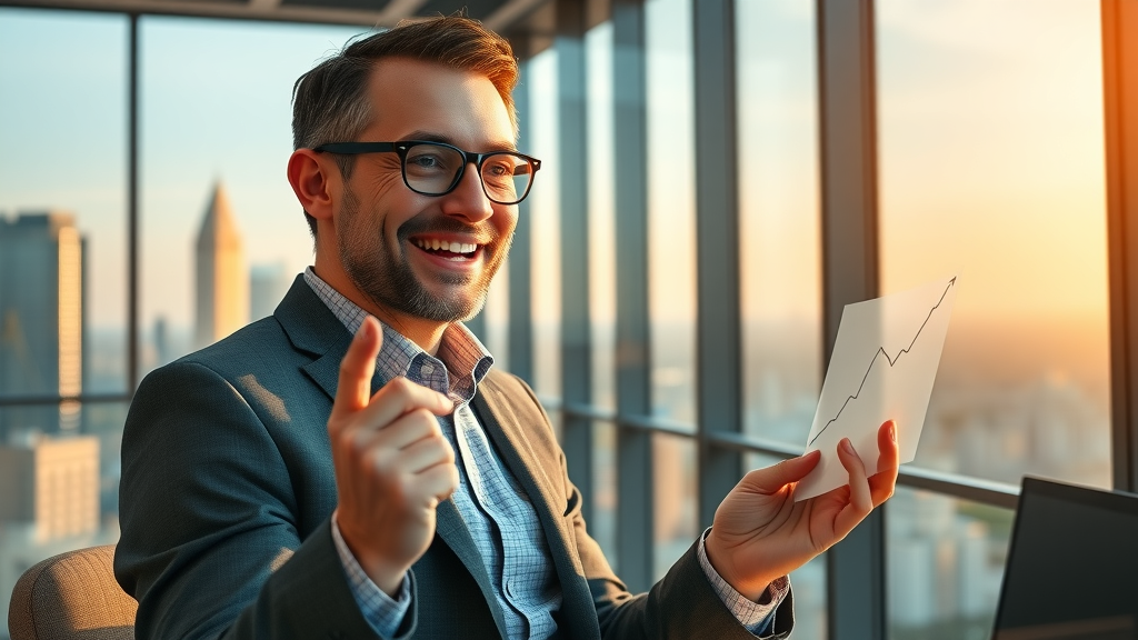 Business leader celebrating successful SEO marketing campaign with growth charts