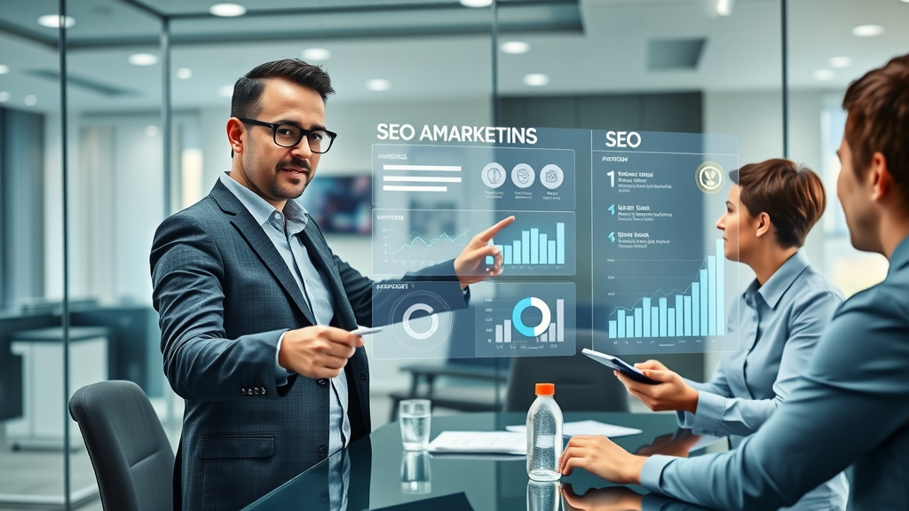 Professional strategist presenting SEO marketing services with live analytics