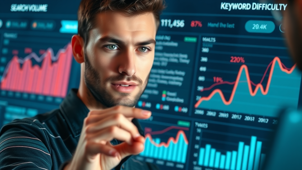 digital dashboard showing search volume and keyword difficulty metrics for keyword research SEO