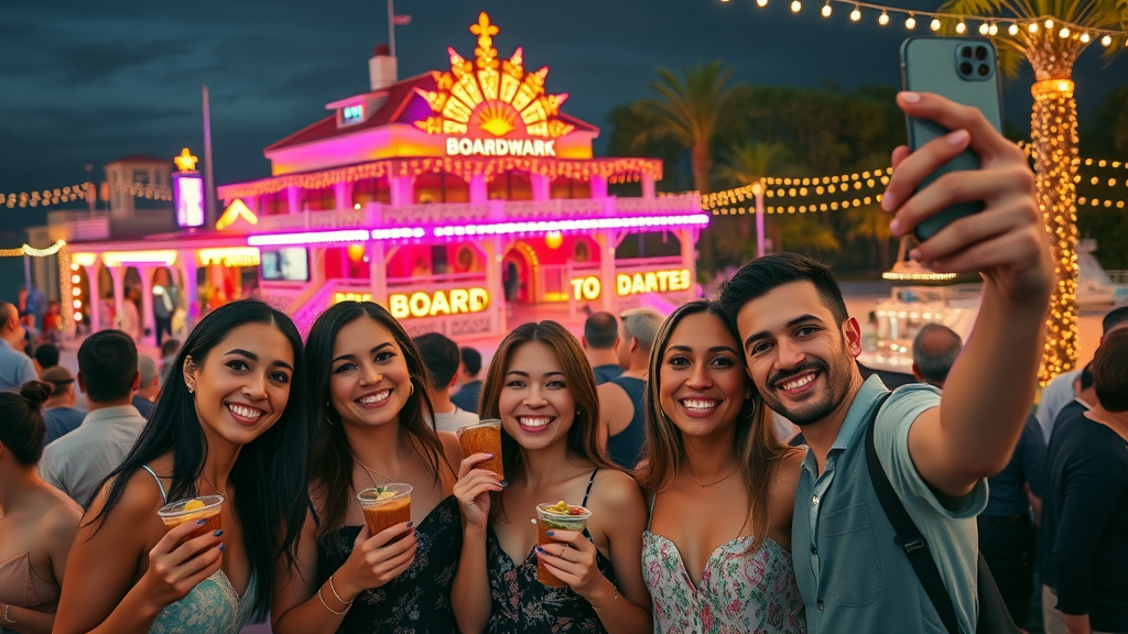 Friends enjoy treats and music at Disney boardwalk event 2025 in Orlando.