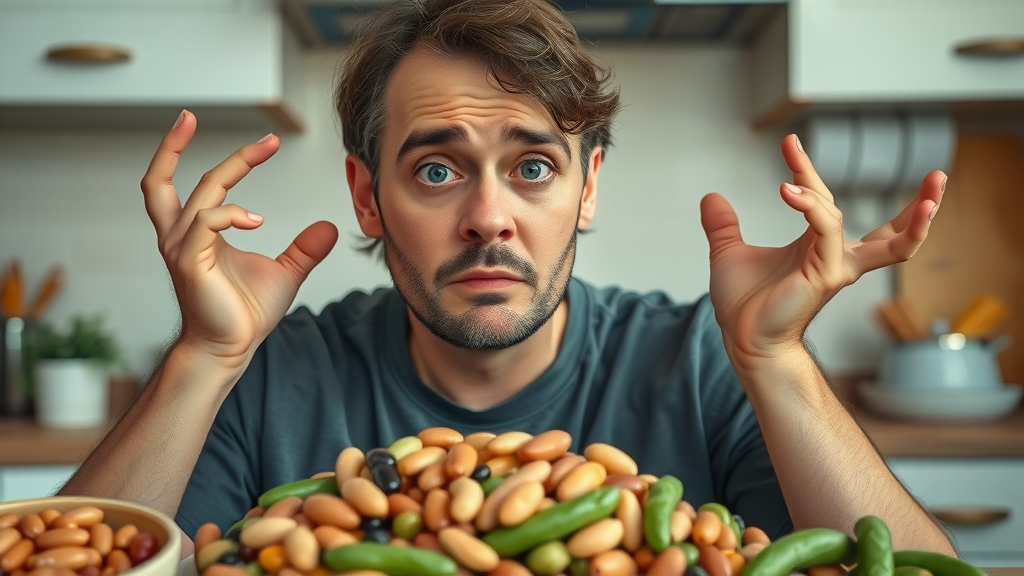 Confused person with beans excluded from paleo diet, diet planning, beans on counter, healthy diet confusion