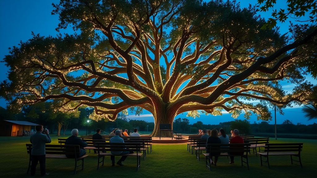 Praise Tree worship area for camping florida at dusk with sparkling lights and people