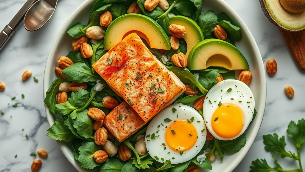 Overhead view of a keto diet meal with grilled salmon, avocado, eggs, and spinach