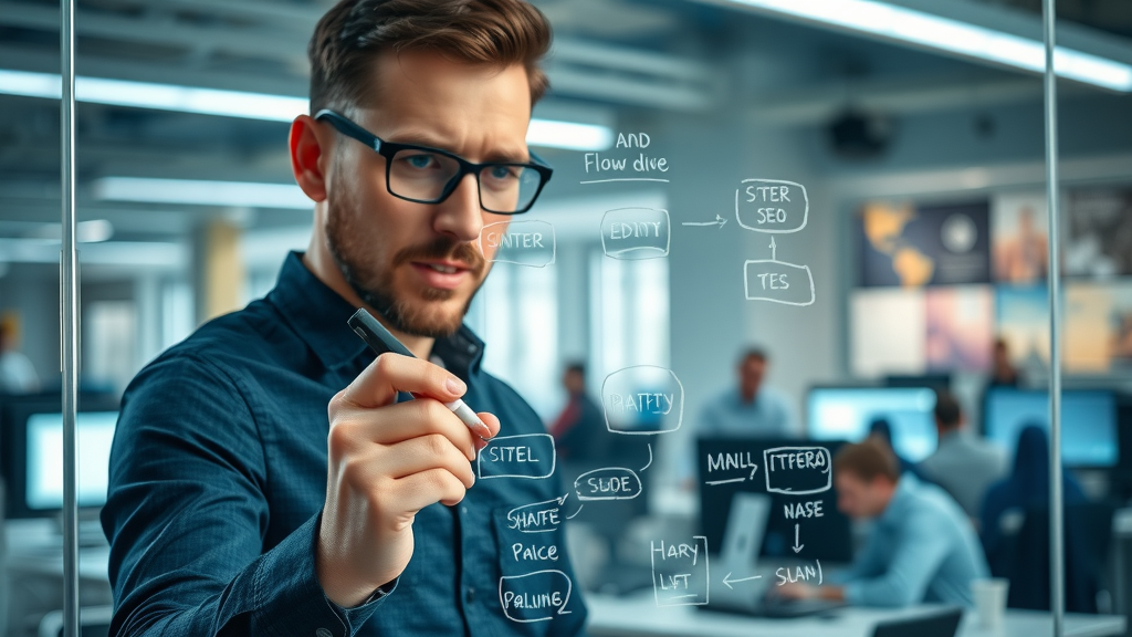 Content strategist mapping SEO marketing strategies flowchart on glass board