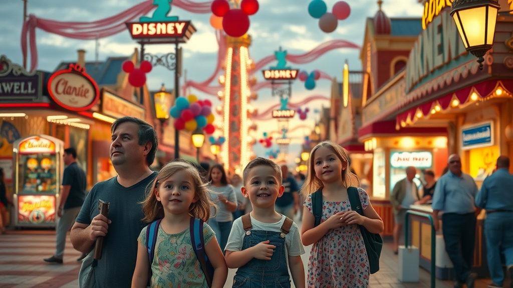 Kids and parents laugh under lights at Disney boardwalk event 2025 in Orlando.