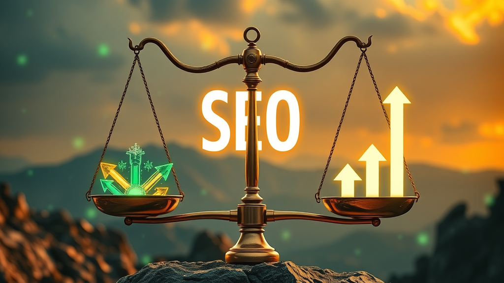 Illustration showing SEO ranking factors balanced scale representing seo marketing basics