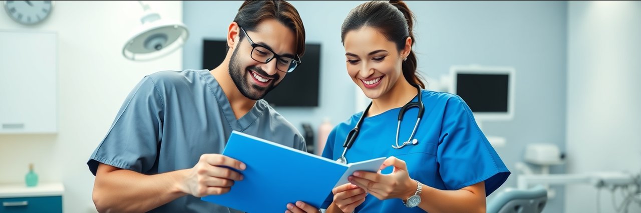 Dentists in a modern office smiling while reviewing a chart, ok