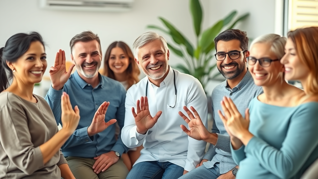 Friendly dental clinic scene with staff and patients exchanging a reassuring OK gesture