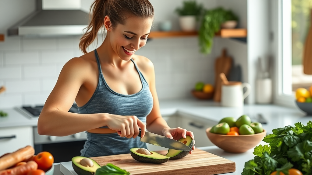 Woman preparing a healthy keto meal with avocados in a modern kitchen, representing keto diet meal prep success