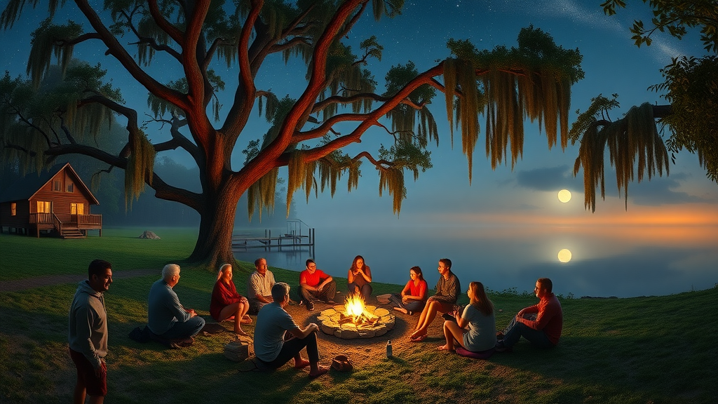 Family enjoying camping florida by a lake under starry sky with cabins and live oaks
