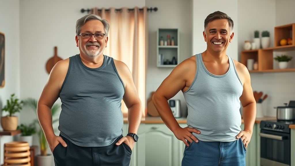 Confident middle-aged dieter showing before and after keto diet transformation with visible weight loss