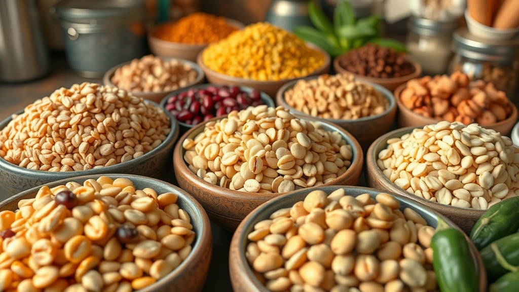 Grains and legumes in bowls, grains and legumes, paleo vs ketogenic, rustic kitchen, healthy diet choices