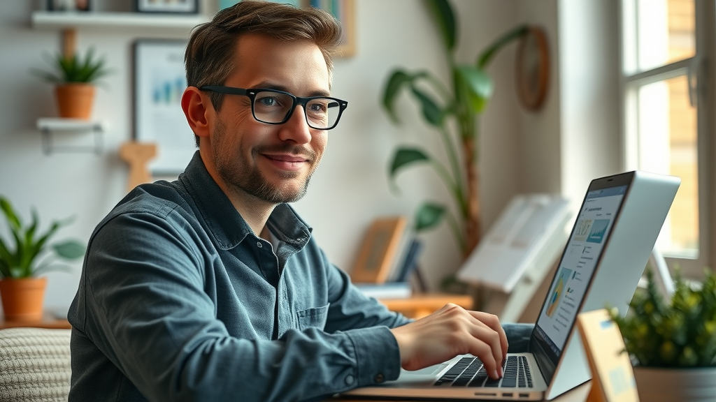 professional marketer using free keyword research tools on laptop in cozy home office for keyword research SEO