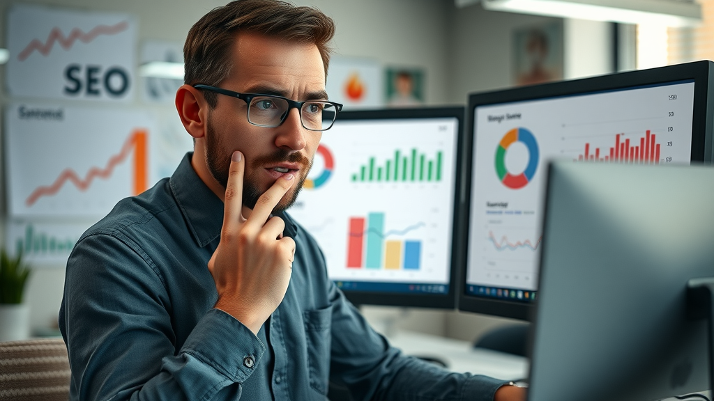 Seo marketing tips caution shown by concerned marketer reviewing SEO errors on computer screen