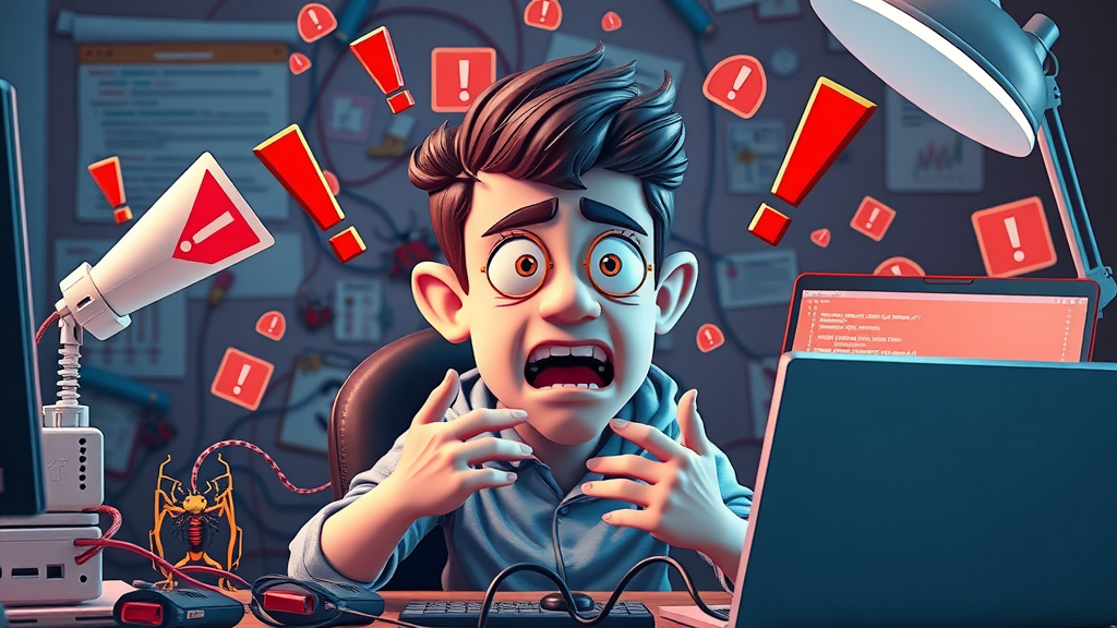 frustrated web developer in a chaotic workspace overwhelmed by confusing code and errors, highlighting common web development mistakes