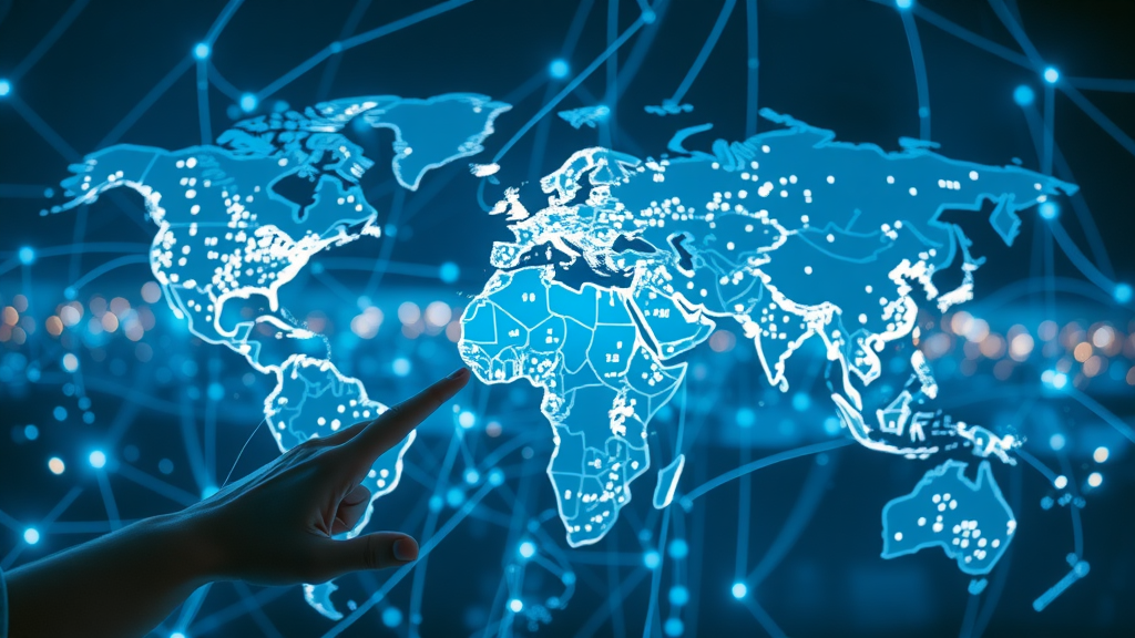dynamic global internet map visualizing rapid website growth with bright blue and white digital lines crossing continents, representing web developments