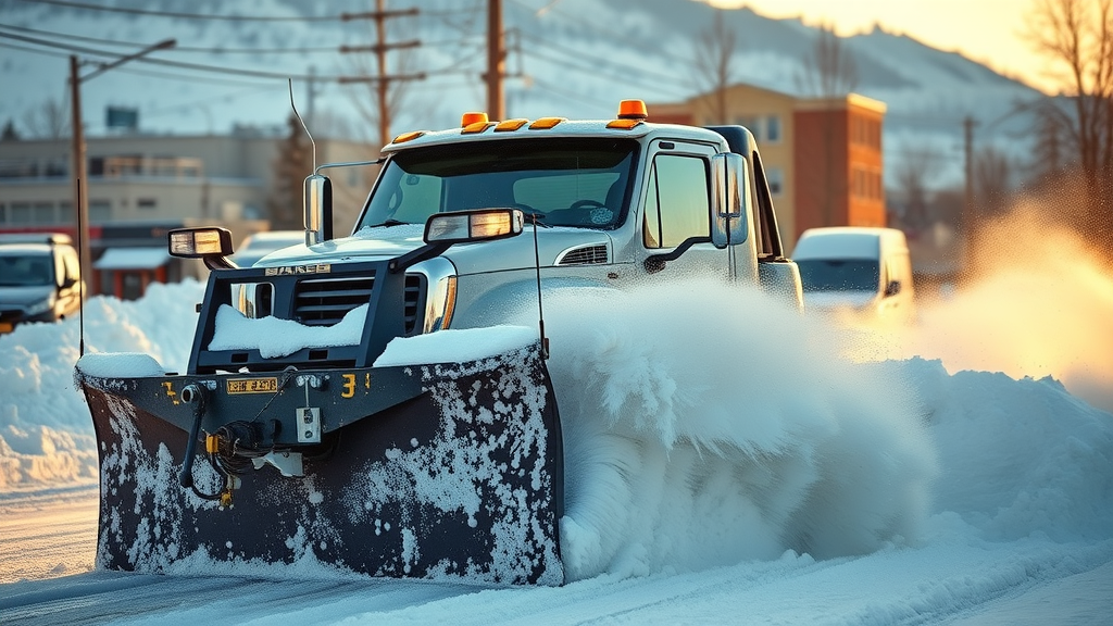Professional snow plowing truck clearing snow, urban and rural environments