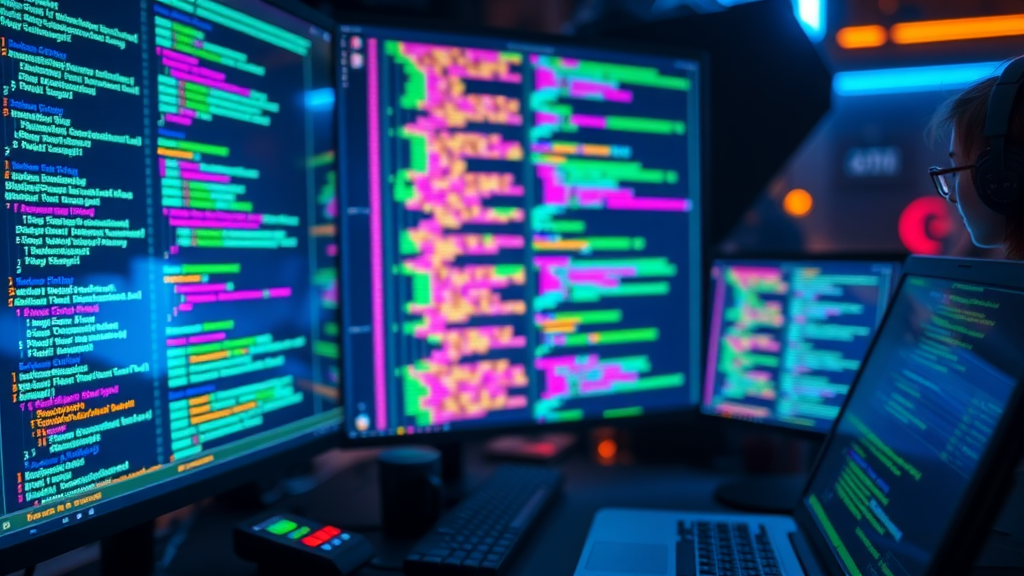 colorful code snippets and logos of major programming and markup languages, highlighting core technologies in web development