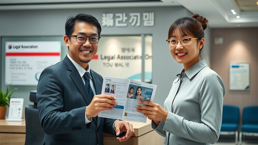 Korean legal association front desk: staff helping with 법률 상담 info, welcoming environment, signage, natural gestures