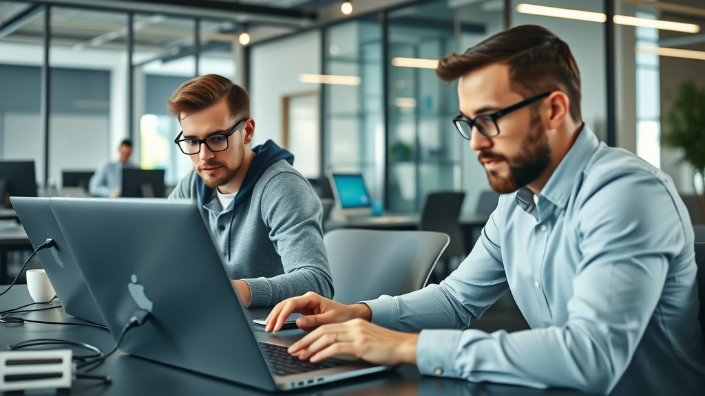 professional team of web developers collaborating on code and layouts in a modern office environment for web development projects