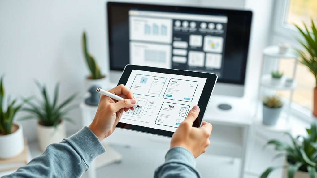 designer sketching web page wireframes on a tablet in a minimalist studio to plan web design in web development