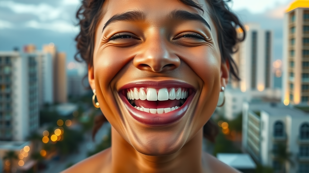 radiant white smile showcasing bright teeth with vibrant Miami cityscape, teeth whitening miami