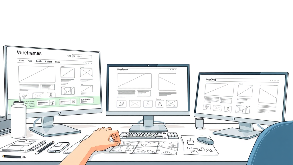 modern website wireframes on digital devices contrasting static and dynamic web page designs, showing interaction and detail in web developments