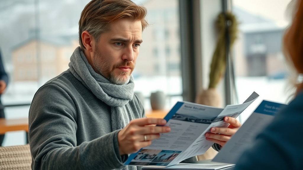 Customer choosing between snow plowing service options, analyzing brochures