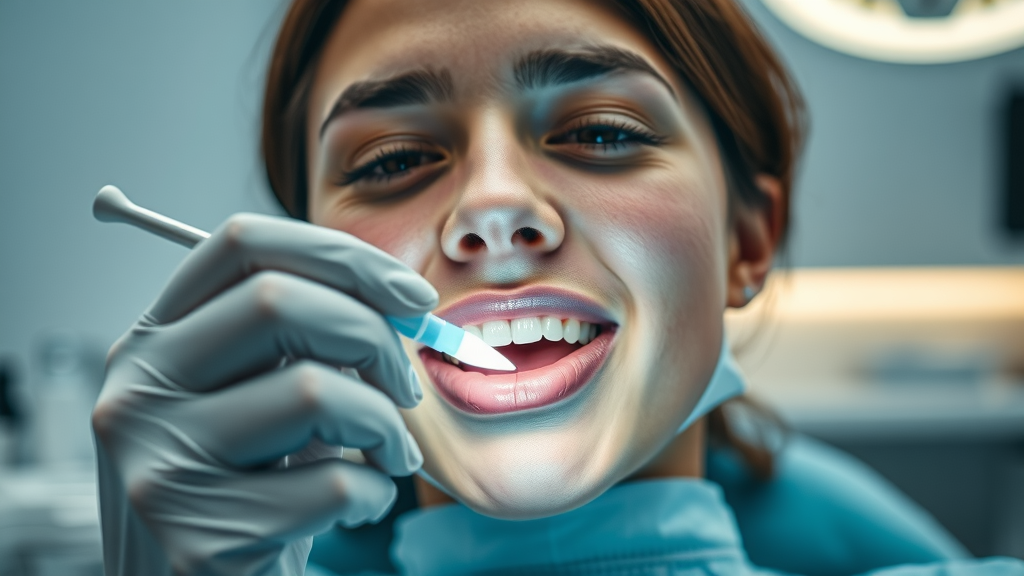 dentist applying whitening gel for teeth whitening miami in a modern dental clinic