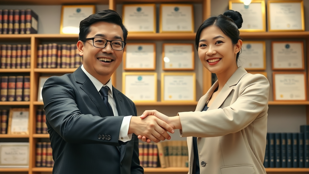 Optimistic Korean individual shaking hands with professional lawyer after successful 법률 상담, law bookshelves, certificates, handshake, gold tones