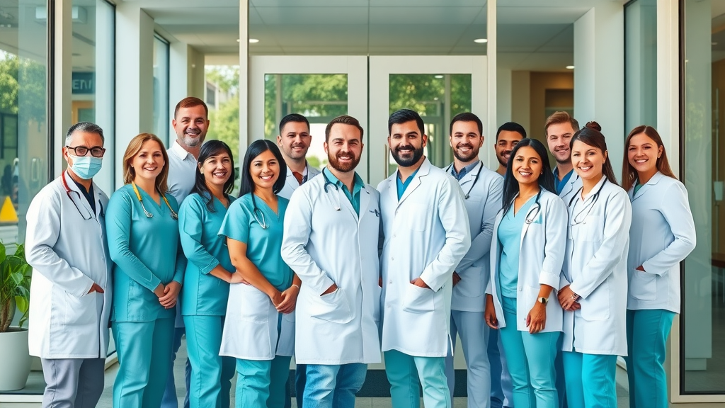 Dental treatment services team welcoming patients at modern clinic