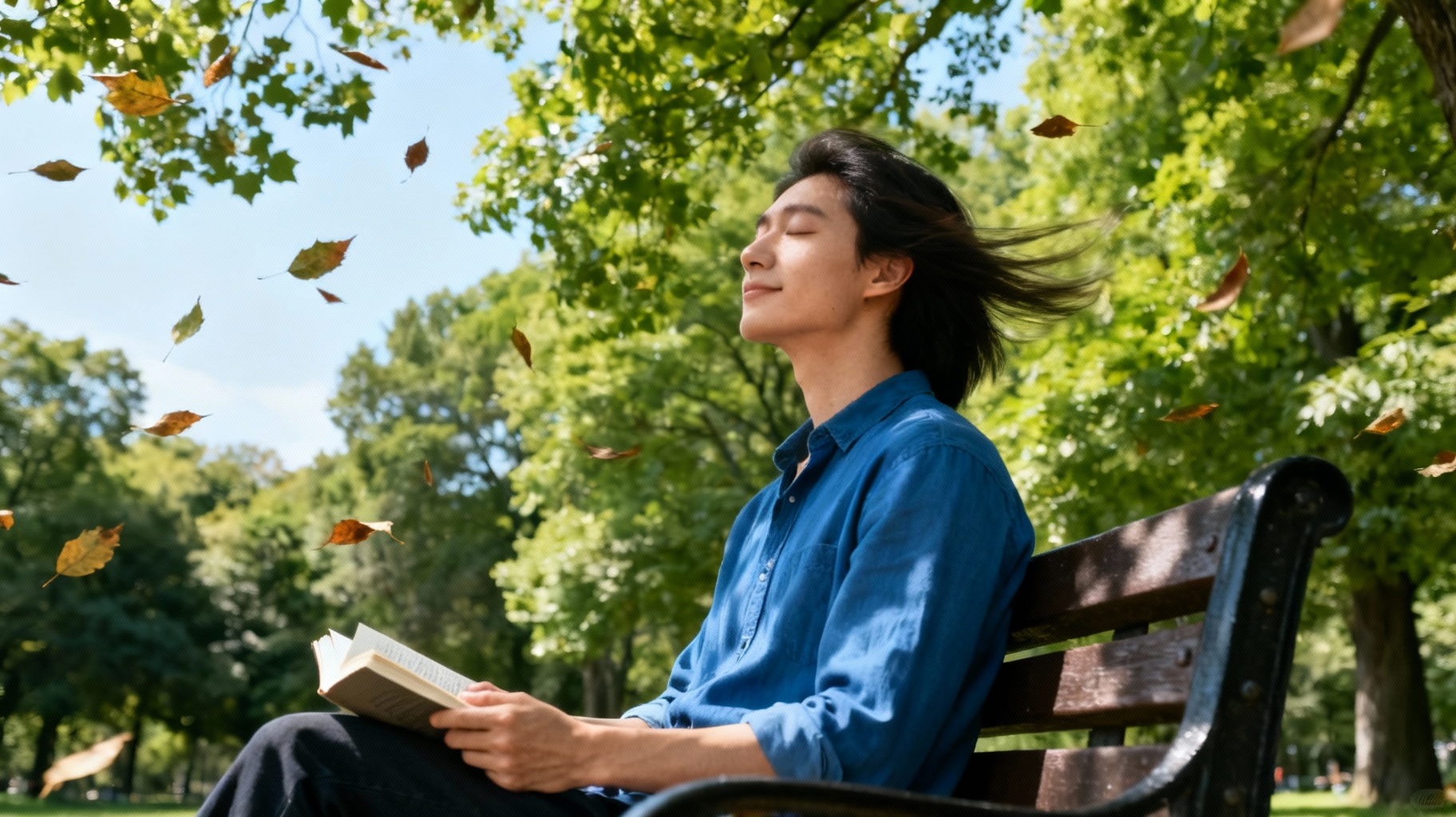 Introverted individual sitting peacefully in a sunny park, reading and enjoying alone time, indicative of introverted personality traits and need for space