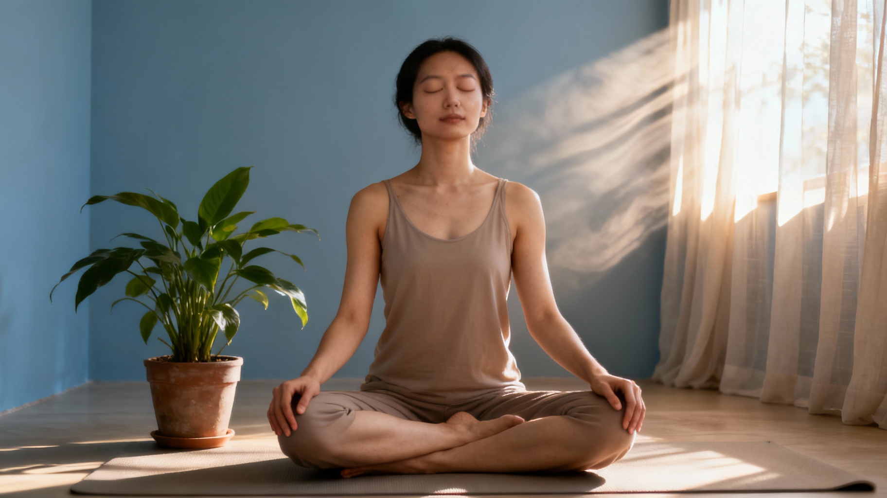 Introverted person meditating indoors, practising stress relief and self-care, demonstrating classic introvert behavior and healthy coping mechanisms