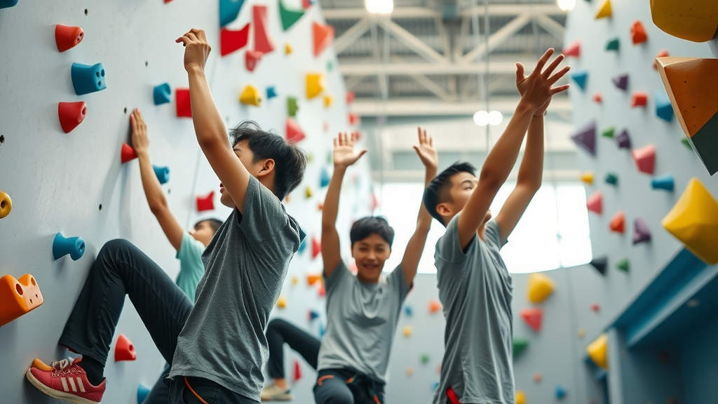 Young Koreans engaged in rock climbing at a modern indoor gym, part of trendy hobbies in Korea