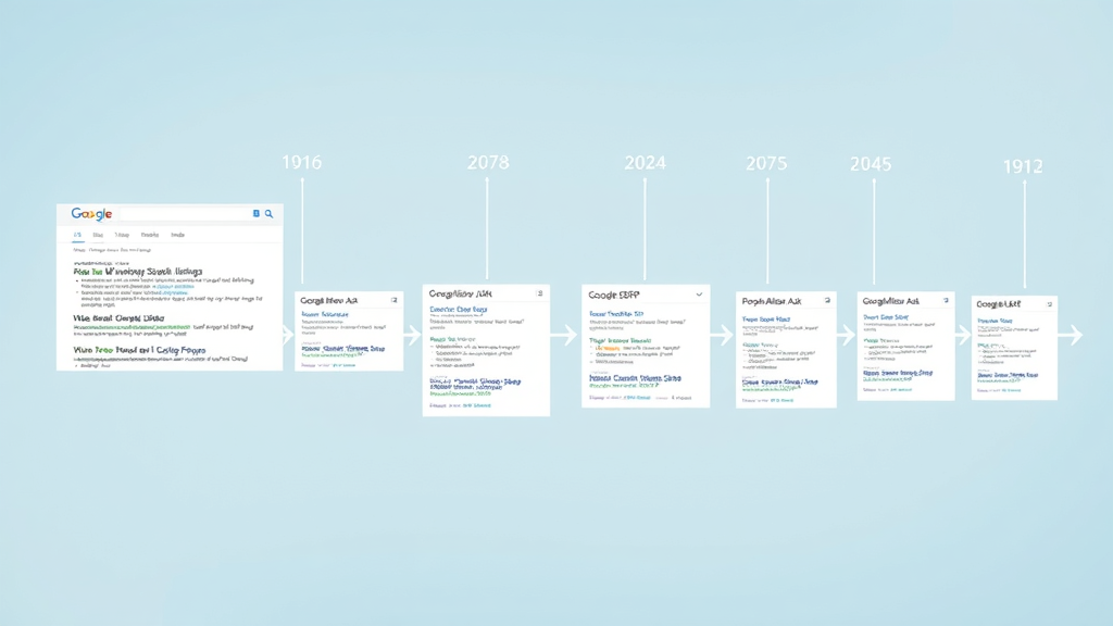 SEO timeline infographic showing evolution from early organic listings to People Also Ask Google boxes among SERP features