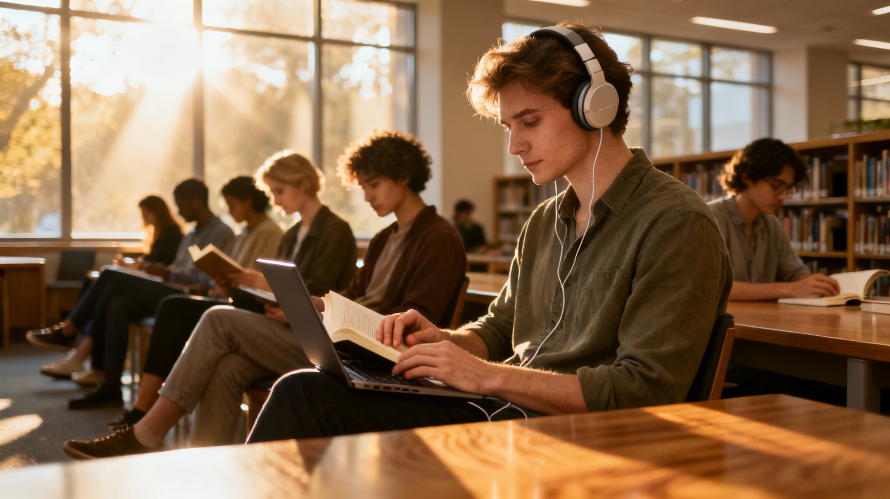 Diverse introverted people peacefully engaging in solo activities in a modern workspace, showing personality traits and alone time as key to introverted behaviours