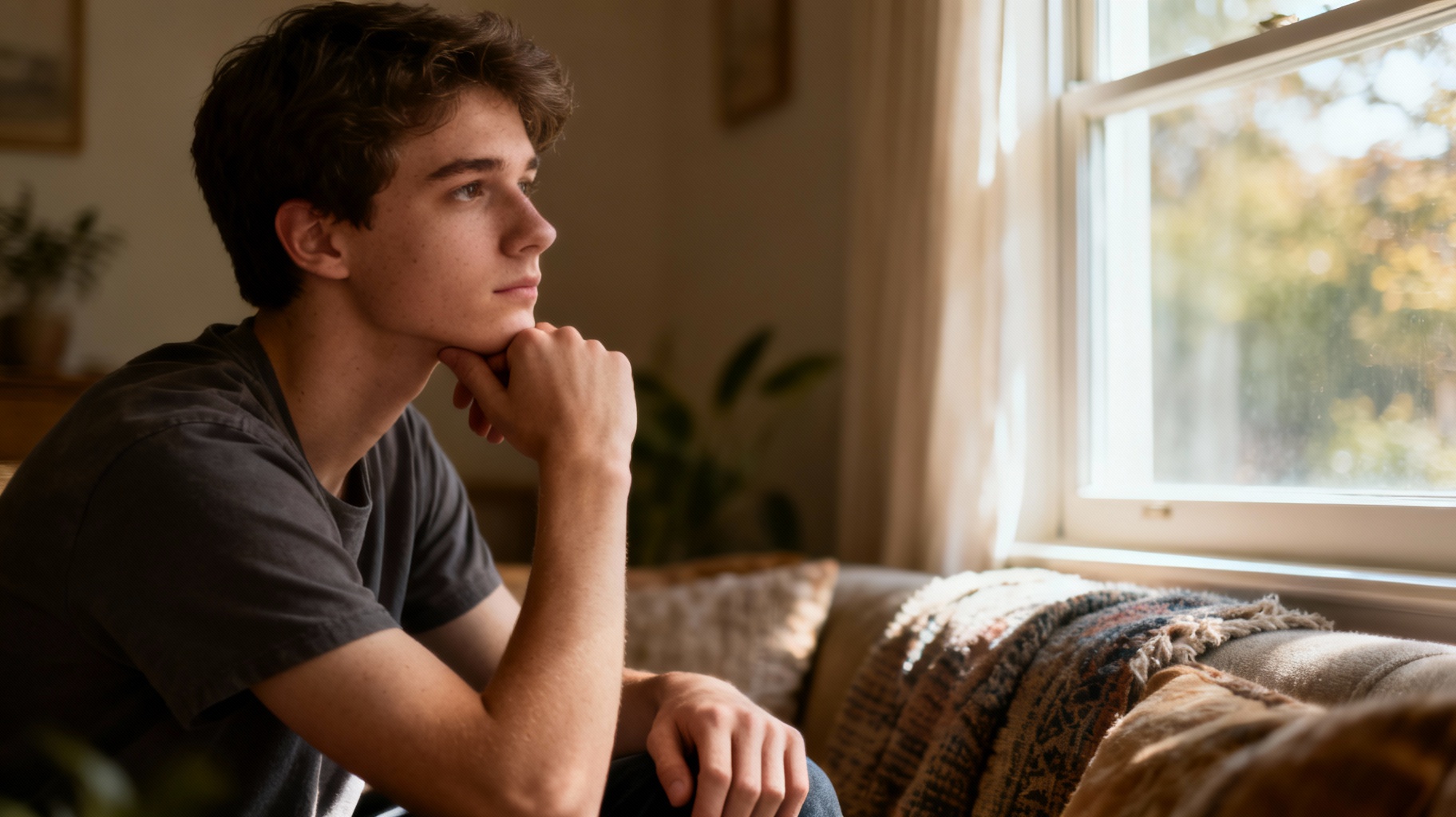 Contemplative young adult sitting by a window representing introverted behaviours, introspection, and need for space