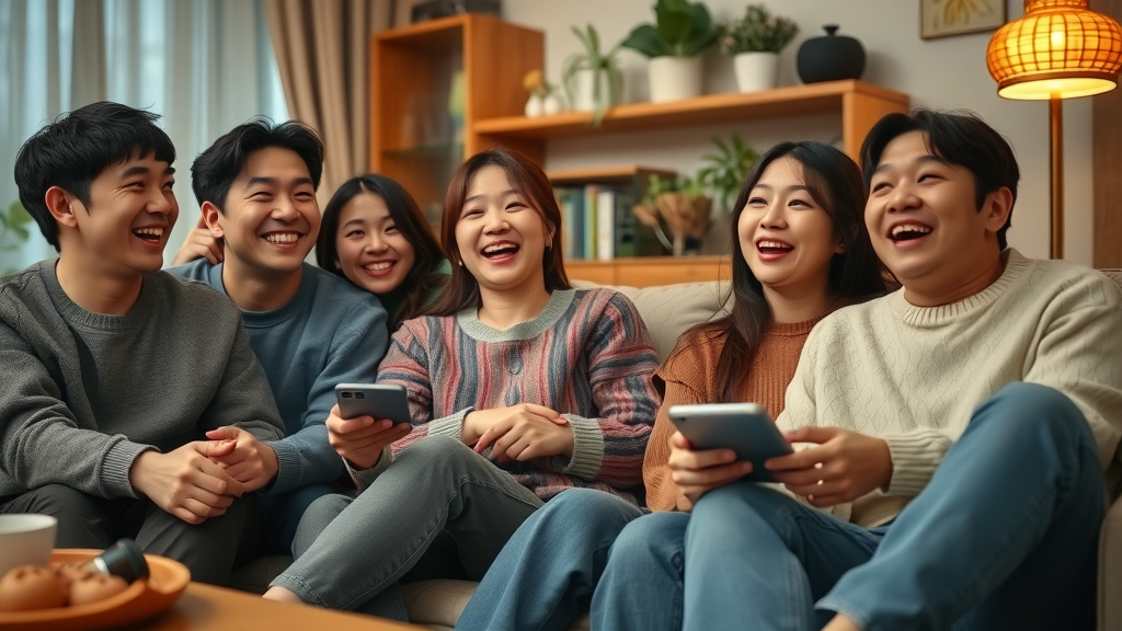 Group of friends laughing and watching Korean drama together, illustrating a popular hobby in Korea