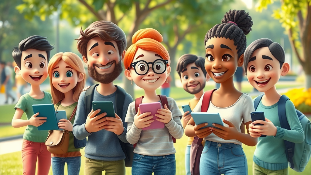 curious blog readers exploring content on mobile devices in a vibrant park