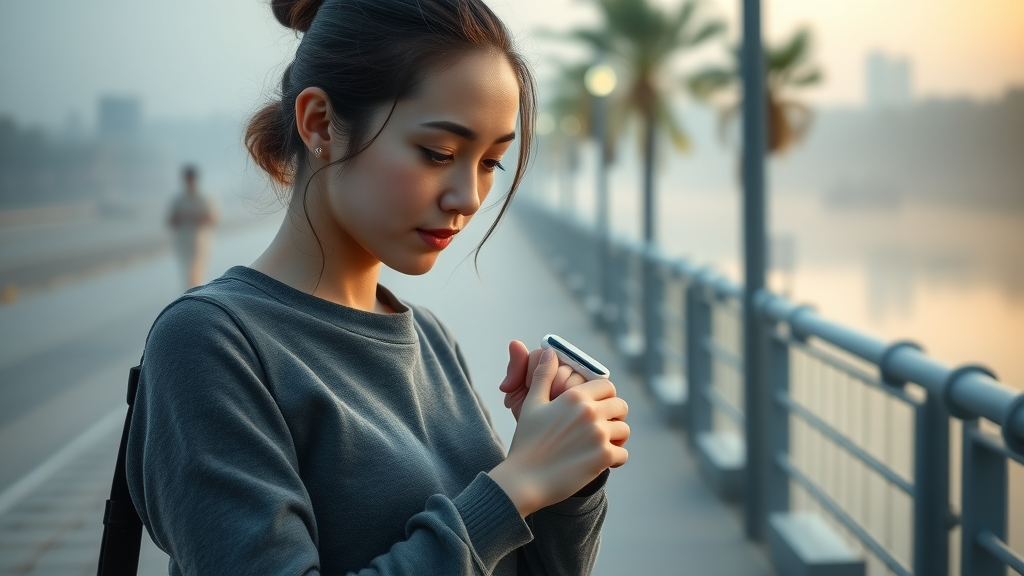 Thoughtful young woman adjusting her smart fitness watch — focused, reviewing health stats on a scenic riverside walkway illustrating outdoor fitness trends