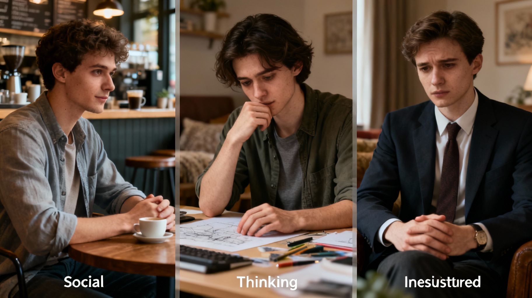 Four introvert types showing Social, Thinking, Anxious, Restrained introverts, each representing unique introverted behaviours and personality traits