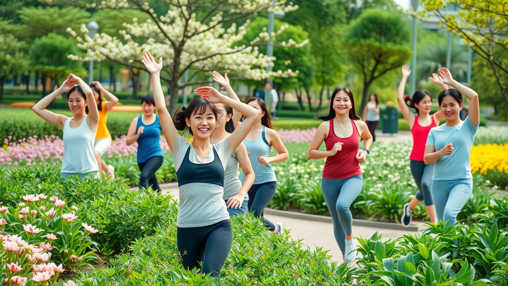 People in Korea exercising in a vibrant park during spring, illustrating trendy hobbies in Korea